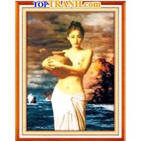 Tranh thêu cô gái ôm bình